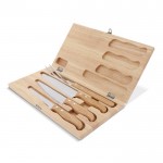 Estuche de madera con 3 cuchillos y tenedor de barbacoa color madera