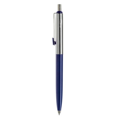 Bolígrafo pulsador de metal con detalle de color en el clip color azul oscuro tercera vista