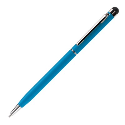Bolígrafo delgado de metal en vivos colores con puntero negro