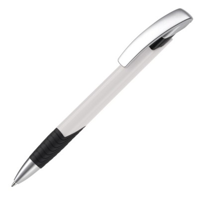 Bolígrafo con empuñadura texturizada y pulsador de metal hecho en EU color blanco