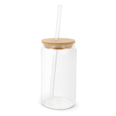 Vaso de cristal con tapa de rosca de bambú y pajita 450ml